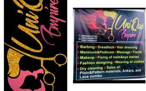 At UniQue Empire,   We specialize on the following:  Barbing  Dread locks and Dread maintance   Hairdressing (Any style of your choice)  General body massage  Manicure and pedicure  Facial treatment  Laundry and Dry cleaning  Fashion designing (Weaving of clothes)  Installation of car tracker  MakeUp  Fixing of Nails and Eye Lashes  Sales of Plain and Pattern materials, Ankara and Lace combo  All Our services are at affordable 